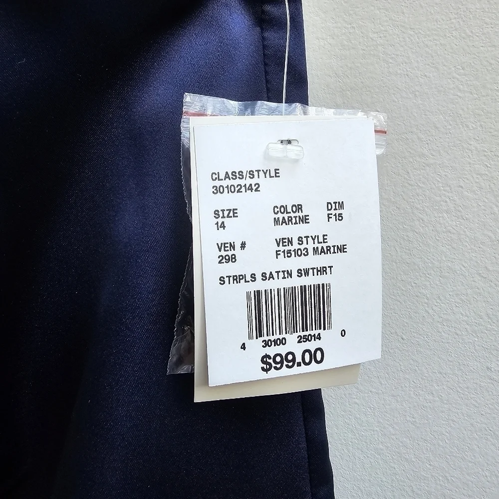 Strapless Satin Sweetheart Neckline Party Dress in Dark Blue, Size Medium